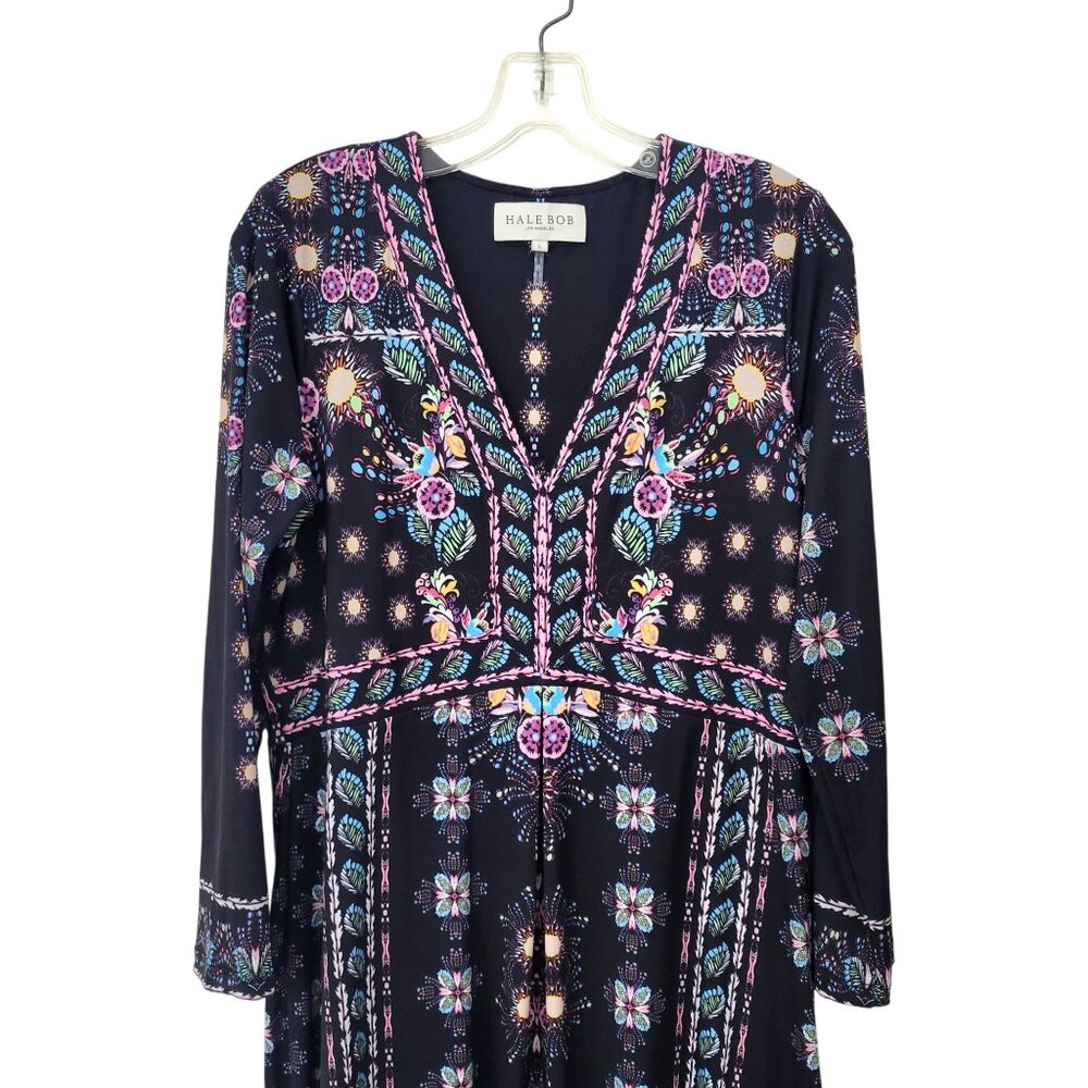 HALE BOB Jersey Midi Dress Women's Large Black Multi Floral Print V-Neck - Picture 3 of 6